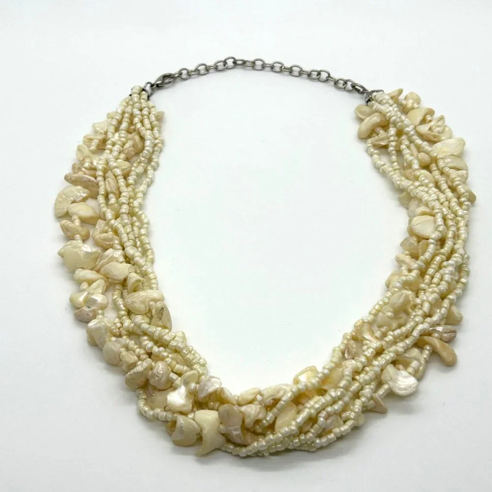 Vintage Multi-Strand Necklace Mother Of Pearl Chips Seed Bead Cruise WearTropics - Picture 2 of 14